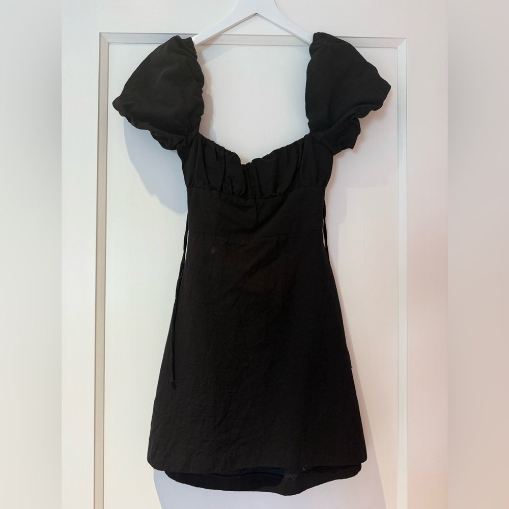 Zara Mini Black Dress with Puff Sleeves and Open/tie Back